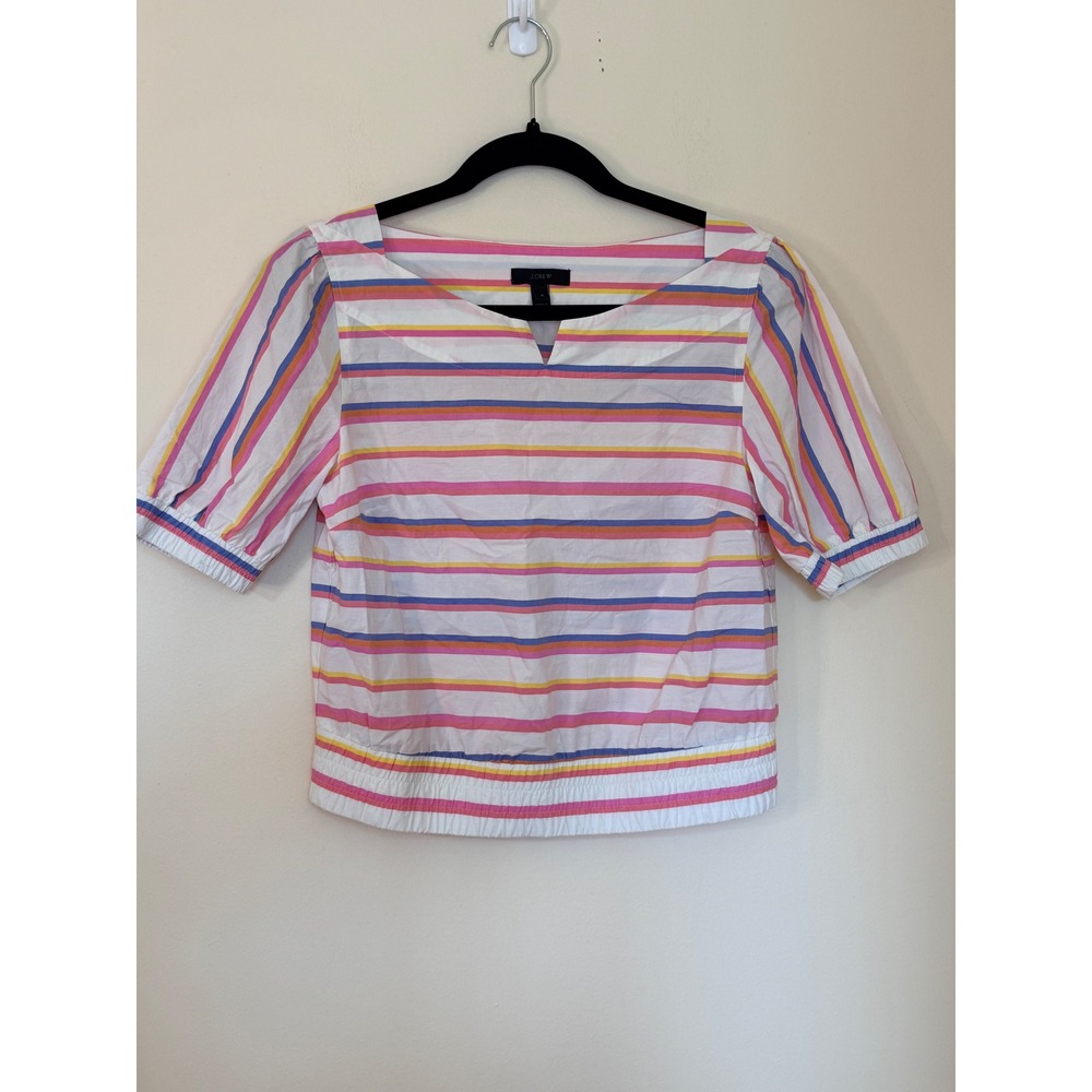 J.Crew Multi Color Striped Puff Sleeve Cotton Top Pink Yellow Blue Size 4